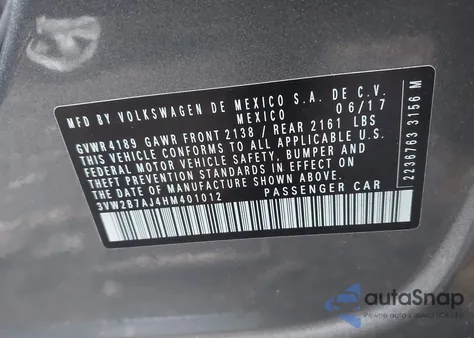 2017 Volkswagen Jetta 1.4T S из США, поврежденный, VIN 3VW2B7AJ4HM401012